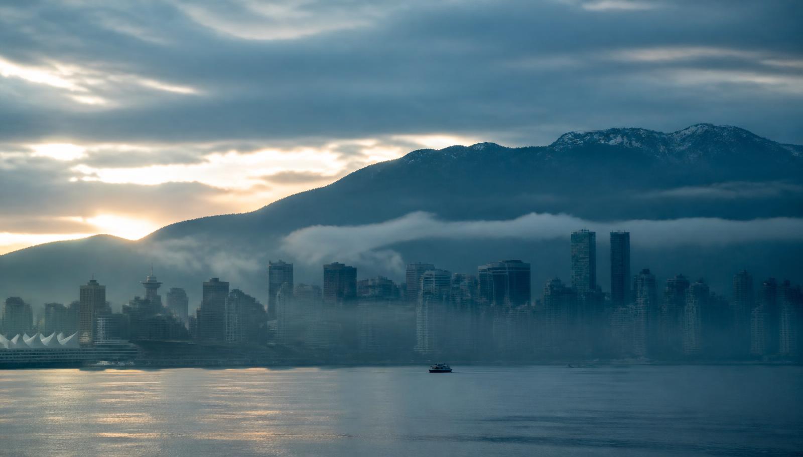 Vancouver skyline and the North Shore mountains at dawn
